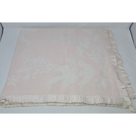 Vintage Reversible Pink Satin Edge Baby Blanket Floral Birds 42 x 28 Fleece - Picture 9 of 13
